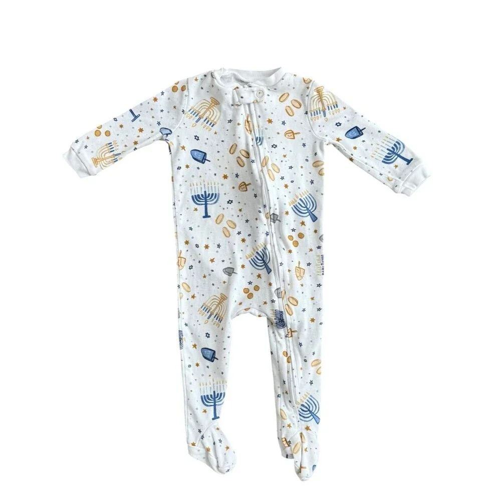 Pottery Barn Kids Baby One Piece Hanukkah Pattern Zip Up Footie PJs. 9-12 Months